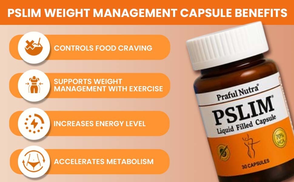 Weight Management Capsules for Men & Women – Fat Burner & Metabolism Booster – Herbal Slimming Supplement – PSLIM 30 Liquid Filled Capsules