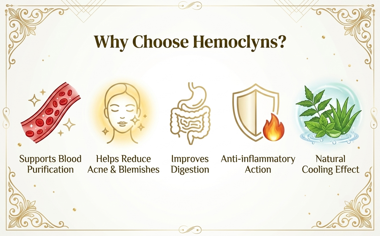Hemoclyns Ayurvedic Tablets | Herbal Blood Purifier Formula with Neem, Manjistha & Triphala | Supports Skin Clarity & Internal Balance | 60 Tablets