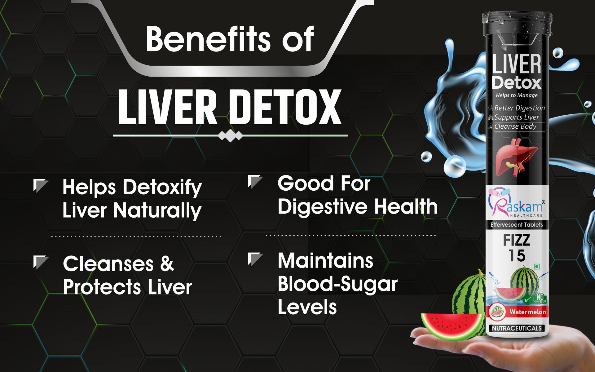 Liver Detox Effervescent – Plant-Based Detox with 9 Ayurvedic Herbs | Sugar-Free | Refreshing Watermelon Flavor | Drop, Fizz, Sip | Fizz 15 Tablets Pack of 2