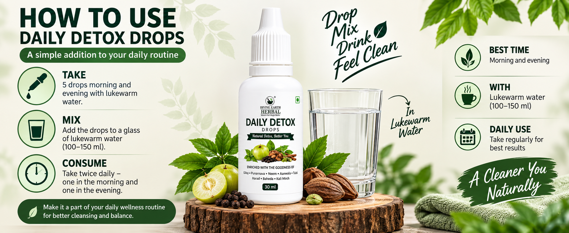 Divine Earth Daily Detox Herbal Drops 30ml | Giloy, Neem, Amla, Tulsi & Punarnava | Herbal Blend for Daily Wellness