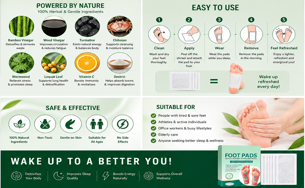 Foot patch Herbal And Gentle Ingredient Detox Foot Pads, Natural Ingredients for Sleep Aid, Pain Relief, Toxin Removal with Bamboo Vinegar and Acupoint Micro-Massage Technology (PACK OF 1)