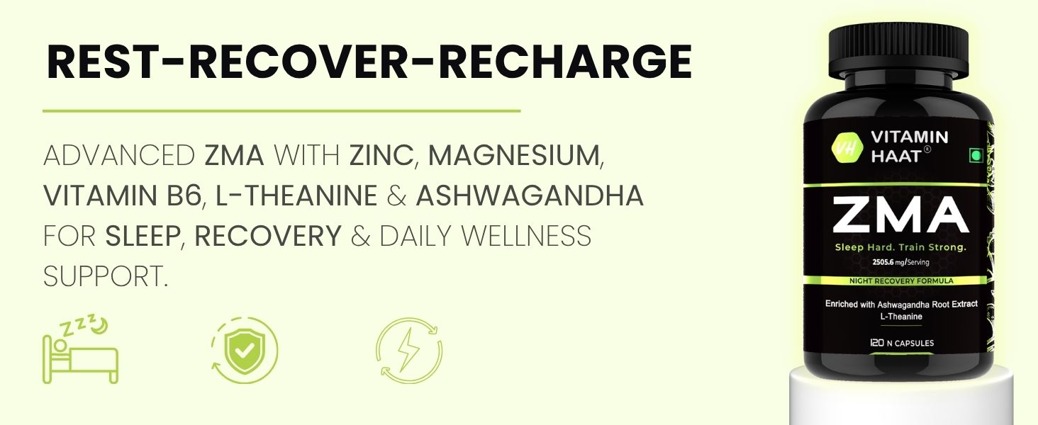 VitaminHaat ZMA and Zinc Supplement for Men | Zinc and Magnesium Supplements with Vitamin B6 | Ashwagandha, L-Theanine, Zinc Caps Supports Muscle Recovery and Sleep Quality (120 Capsules, Pack of 1)