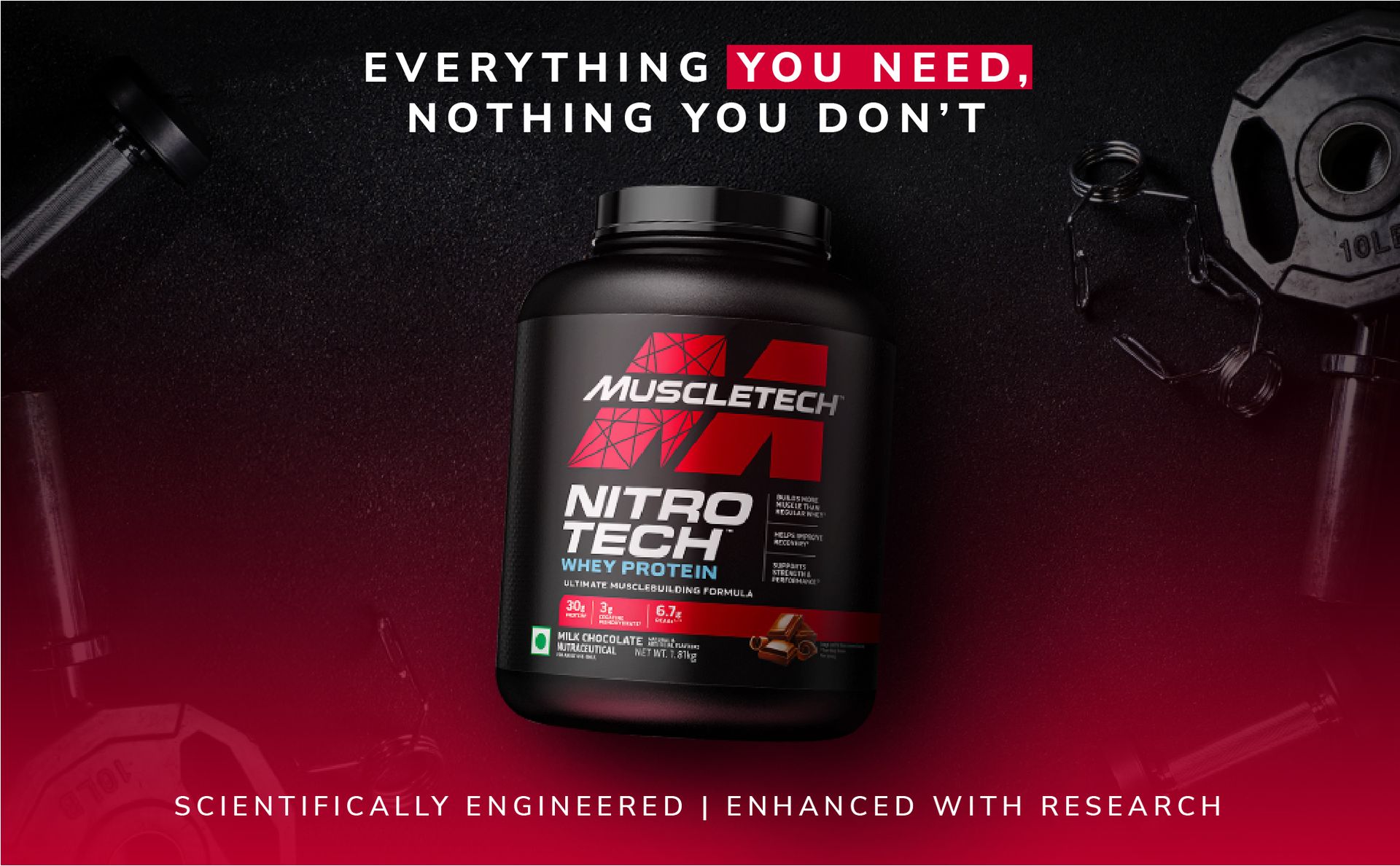 MuscleTech Nitro-Tech Whey Protein, 907g (2lbs), Milk Chocolate, 30g Protein, 3g creatine monohydrate, 6.7g BCAA, ultimate muscle building formula, increase strength & performance