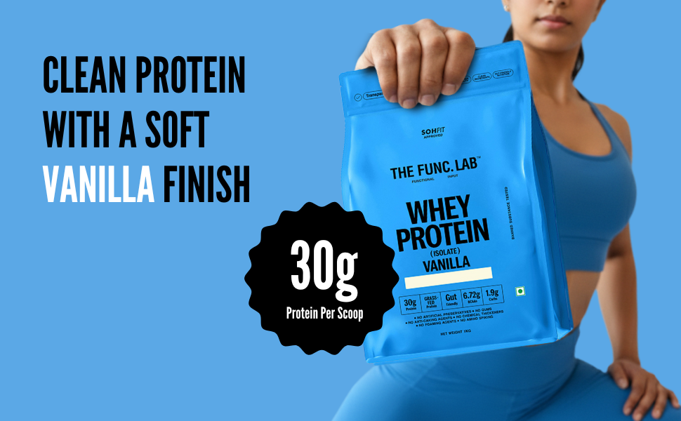 The Func. Lab Whey Protein Isolate - Vanilla Flavour | 500g | Grass‑Fed, 30g Protein, 6.72g BCAA per Scoop | High Protein Supplement for Muscle Growth, Digestion and Absorption Support