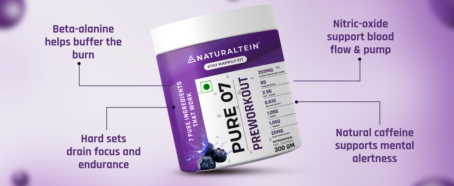 NATURALTEIN PURE-07 Vegan Pre-Workout – Blueberry Blast | Clean Energy & Focus | 300g Powder | 21 Power-Packed Servings