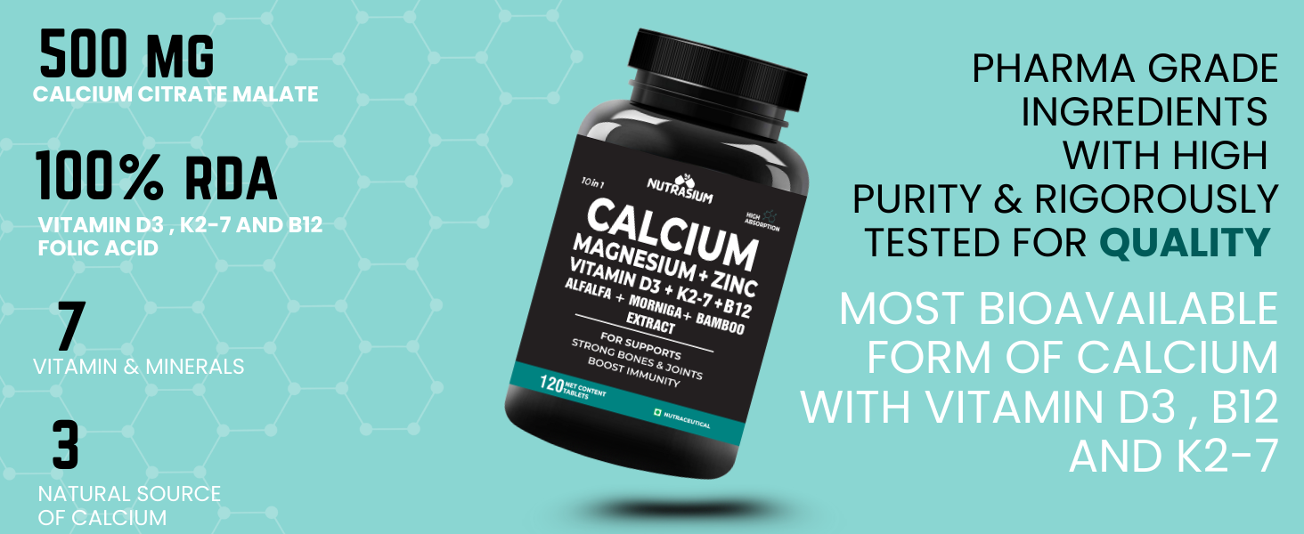 Nutrasium Calcium Magnesium Zinc Tablets with Vitamin D3, Vitamin K2-7 & Vitamin B12 | Alfalfa, Moringa & Bamboo Extract | High Absorption Mineral & Vitamin Supplement | 60 Tablets