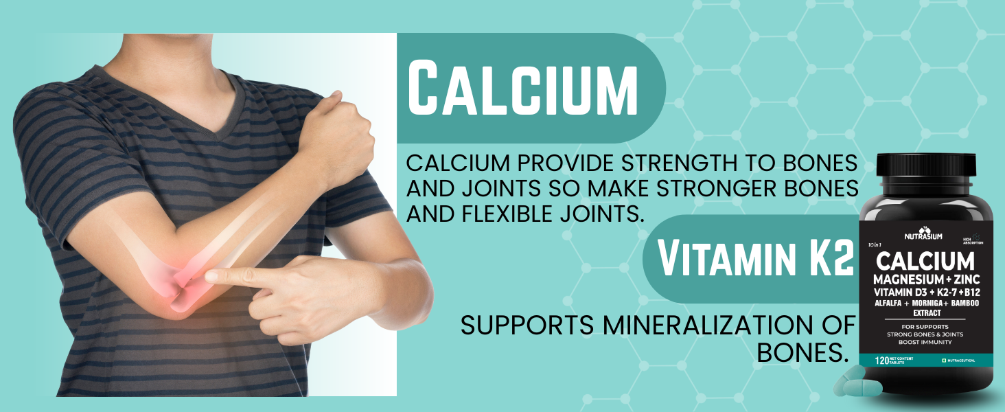 Nutrasium Calcium Magnesium Zinc Tablets with Vitamin D3, Vitamin K2-7 & Vitamin B12 | Alfalfa, Moringa & Bamboo Extract | High Absorption Mineral & Vitamin Supplement | 60 Tablets