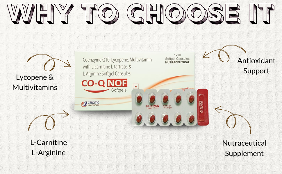 CO-Q NOF Coenzyme Q10 100mg with Selenium 40mcg Softgel Capsules with L-Carnitine, L-Arginine, Lycopene & Multivitamins | Antioxidant for Energy, Fertility, Heart & Cellular Health | 30 Softgels