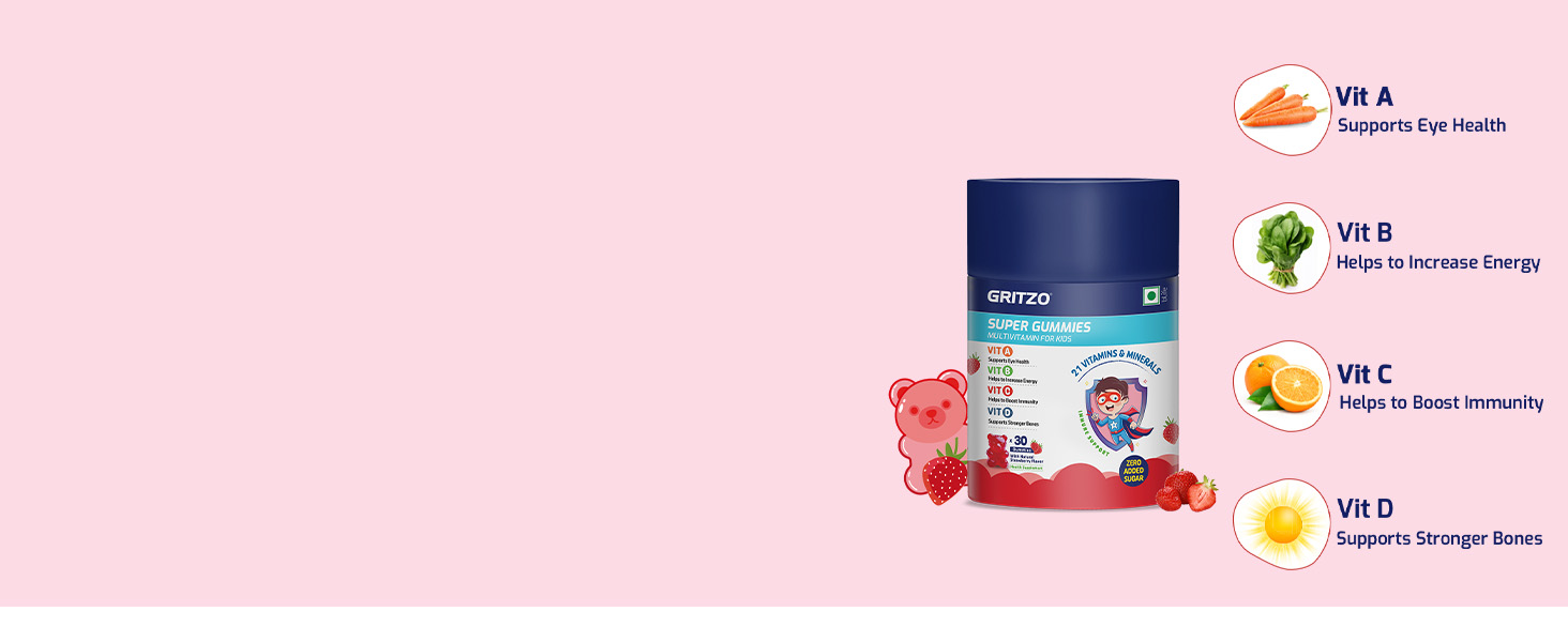 Gritzo Super Gummies Multivitamin for Kids, Strawberry, 30 Gummies
