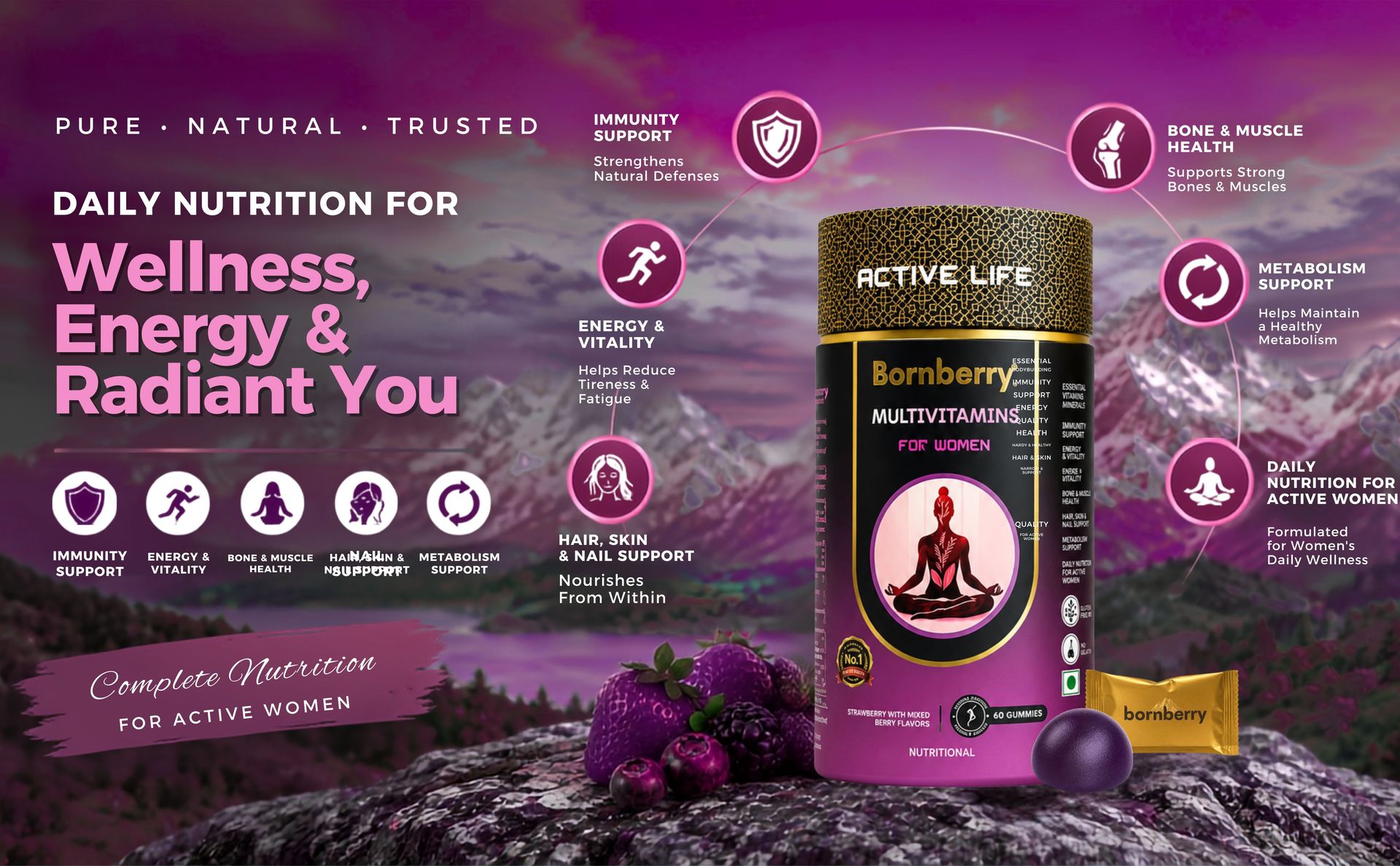 Multivitamins for Women Gummies | 15 Vitamins & 8 Minerals | With Glutathione, Vitamin C, Biotin, Zinc & Iodine | Strawberry with Mixed Berry Flavour | No Added Sugar | 60 Gummies