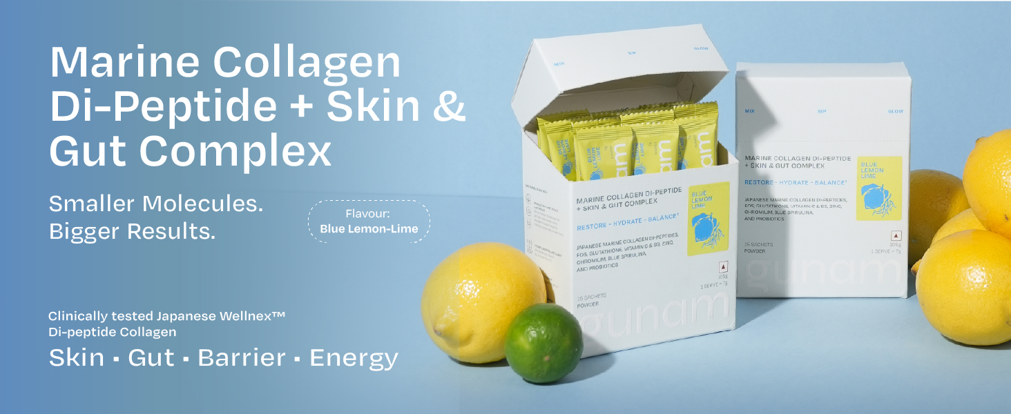 Gunam Marine Collagen Di-Peptide + Skin & Gut Complex (Pack of 2) | Japanese Marine Collagen | FOS, Glutathione, Vit C & B3, Zinc, Probiotics | Skin, Hair, Nails, Gut & Joints | Lemon Lime | (15 Sachets each)