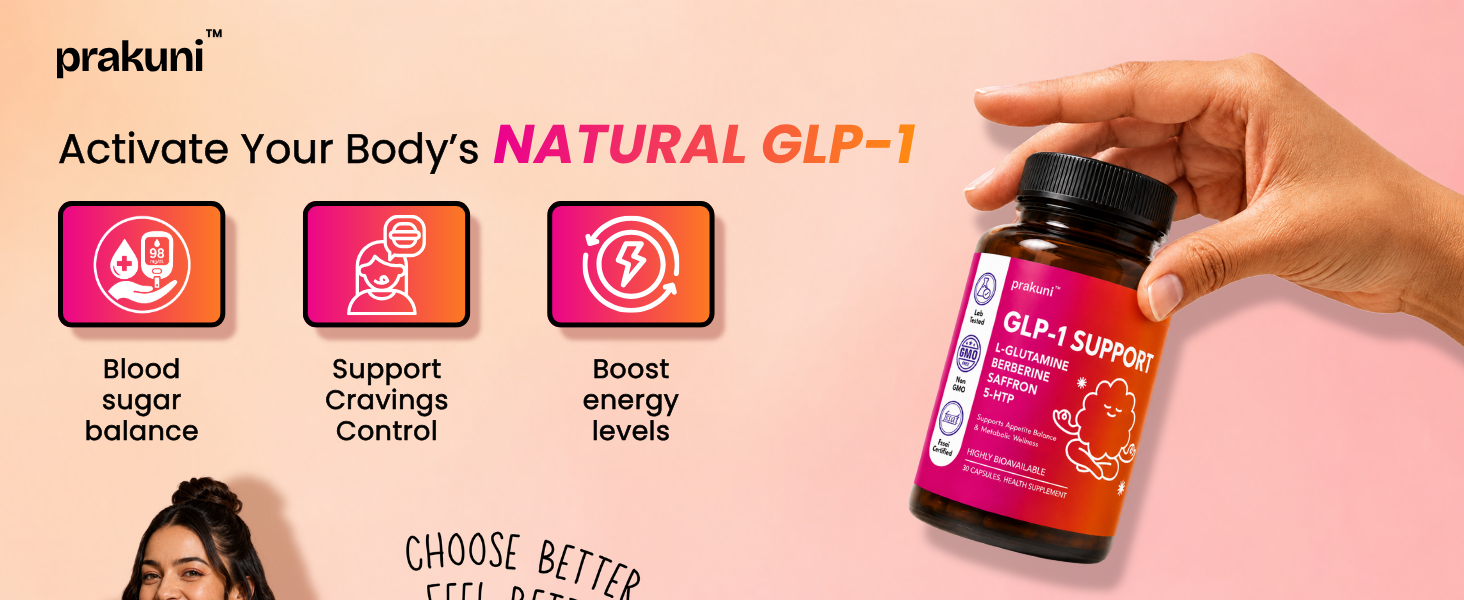 GLP-1 Daily Support Capsules with Berberine & SaffronPrakuni GLP-1 Daily Support Capsules with Berberine, 5-HTP, Saffron & Chromium, Appetite & Satiety Support, Metabolism & Energy Wellness Supplement, 30 Capsules