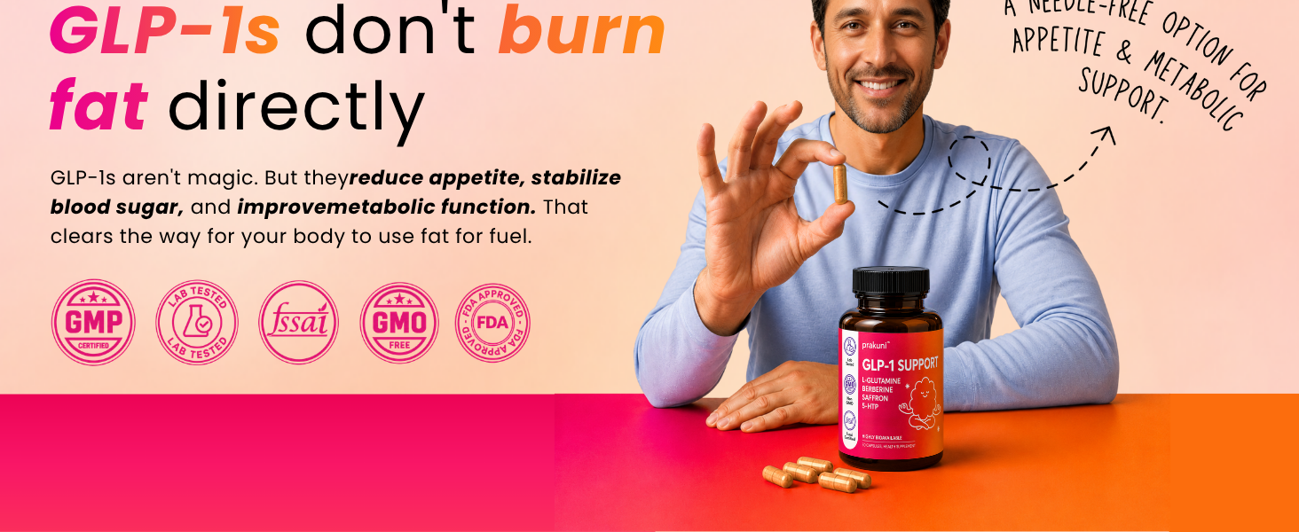 GLP-1 Daily Support Capsules with Berberine & SaffronPrakuni GLP-1 Daily Support Capsules with Berberine, 5-HTP, Saffron & Chromium, Appetite & Satiety Support, Metabolism & Energy Wellness Supplement, 30 Capsules