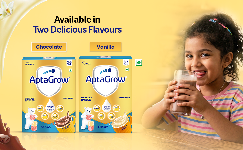 AptaGrow Milk Drink Powder for Kid s Height Gain, Immunity & Brain Development, Nutritious & Tasty Vanilla Flavor, 400g | 37 Nutrients | Prebiotics | Low Fat | Veg