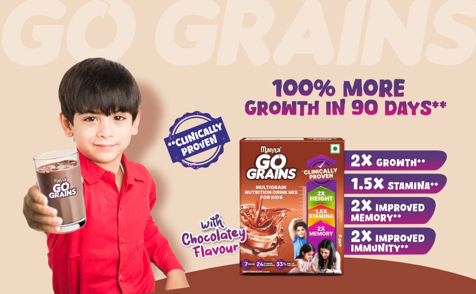 Manna Go Grains Nutrition Powder for Kids. Clinically Proven to Support 2X Growth, Immunity & Memory 1.5X Stamina, Multigrain 7 Grains Ragi, Bajra, Millets and Pulses. Naturally sweetned with stevia. Chocolate Flavor 400g