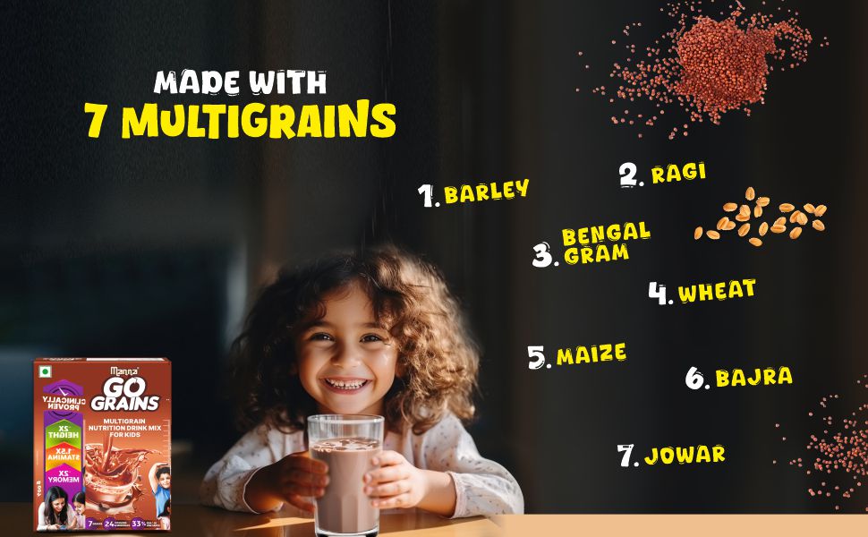 Manna Go Grains Nutrition Powder for Kids. Clinically Proven to Support 2X Growth, Immunity & Memory 1.5X Stamina, Multigrain 7 Grains Ragi, Bajra, Millets and Pulses. Naturally sweetned with stevia. Chocolate Flavor 400g