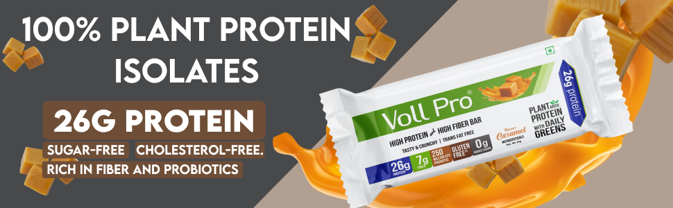 Voll Pro Plant Protein Bar with Daily Greens - High Protein 26g, Fiber 7g, 0g Sugar - Crunchy, Delicious Nutrient-Rich Protein Bars, 65g (Pack of 6)