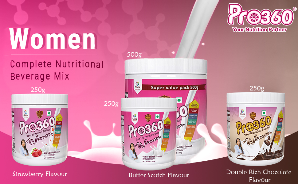 Pro360 Women Protein Rich Nutritional Supplement Enriched with Calcium, Iron for Stronger Bones and Improved Haemoglobin – 25 Essential Nutrients with Evening Primrose – Butterscotch Flavor – 250G