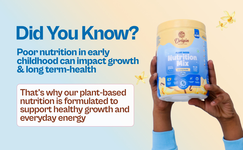 Origin Kids Nutrition Mix | Ages 3–6 | 7g Plant Protein for Growth & Bone Health | LUTE-GEN® for Eye Health |No Refined Sugar |Allergen-Free |Creamy Vanilla | 261g