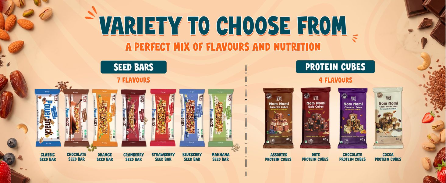 NOMI Assorted Protein Bar - Pack of 10 x 35g | Flavour Variety Pack: Classic, Chocolate, Strawberry, Orange, Cranberry, Blueberry & Makhana | Seed Bars| No Palm Oil | Naturally Sweetened