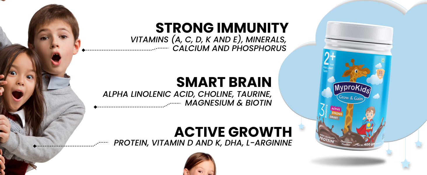 Mypro Sport Nutrition Protein Drink Powder Mypro Kids Grow And Gain (3 Benefits Active+ Strong+Smart For Kids) Drink Supplement Powder for Growing Children- 400 Gm