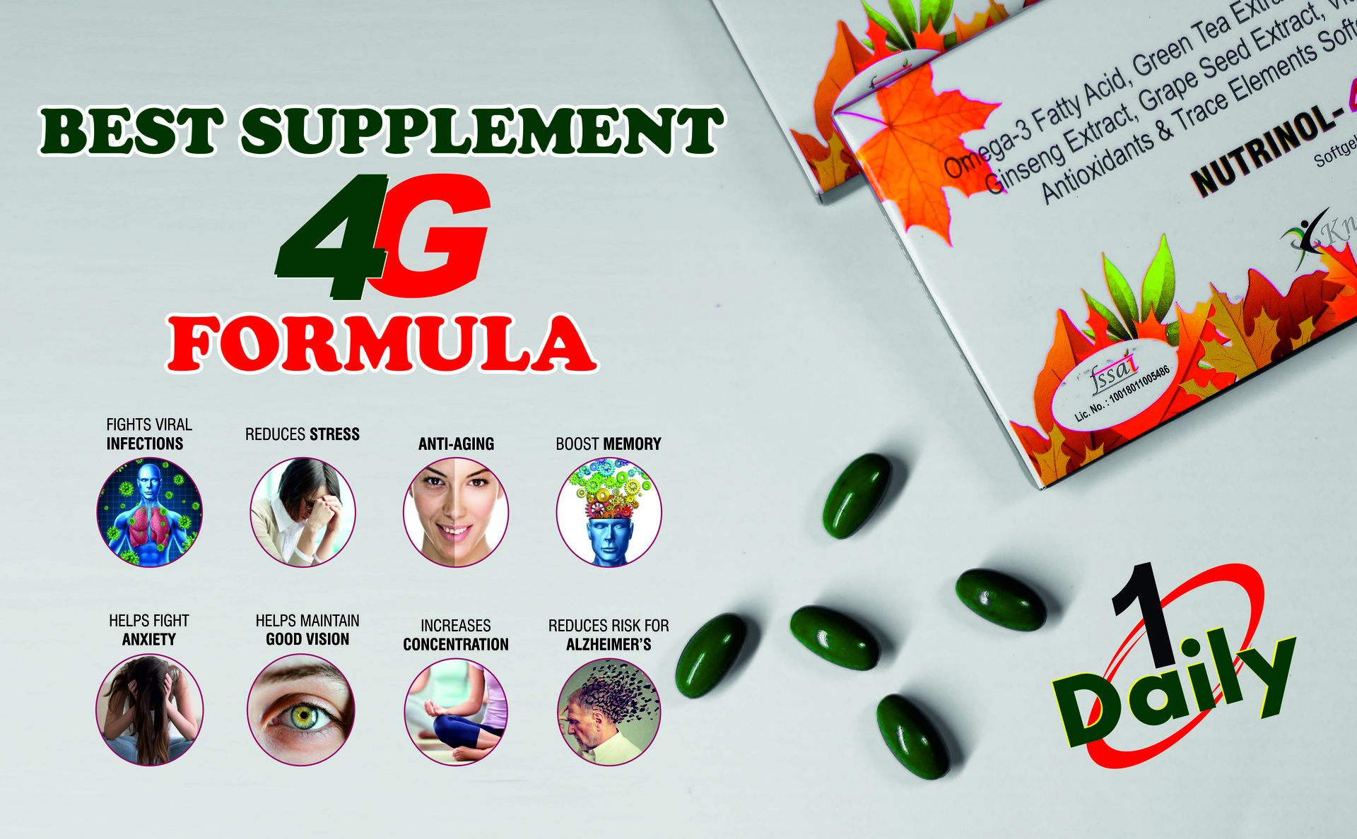 Knoll Healthcare Nutrinol 4G Multivitamin Capsules Omega 3 Fatty Acid Ginseng Ginkgo Biloba Vitamin D3| K2 for Hair Skin Immunity Joint Brain Stress & Heart Health 50 Capsules (Pack of 5)