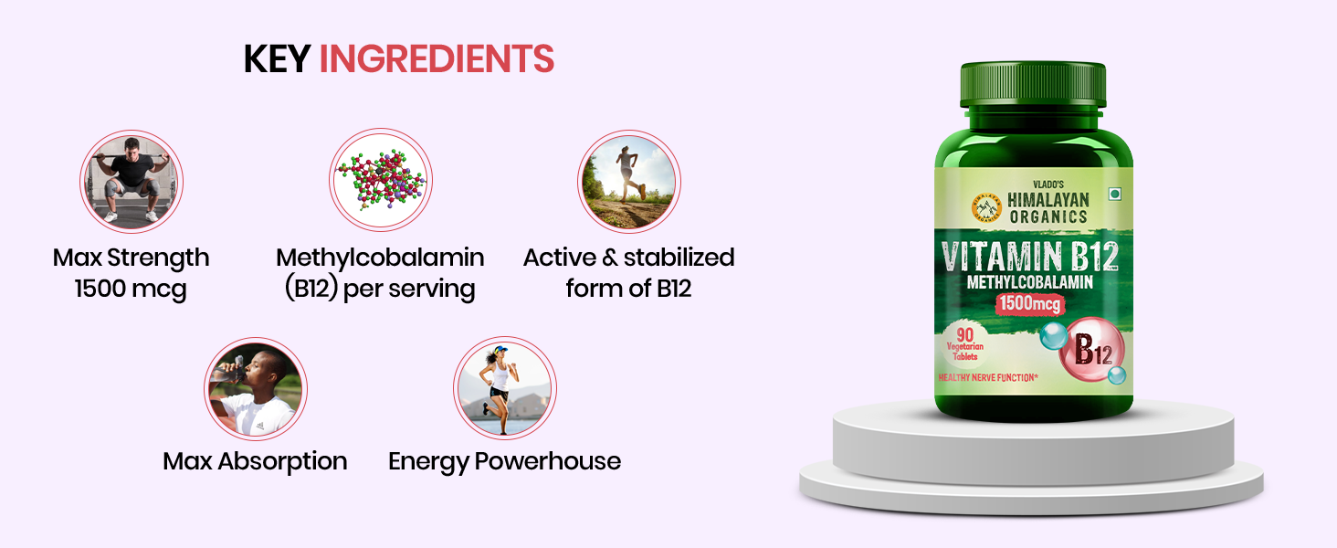 Vlado's Himalayan Organics Methylcobalamin Vitamin B12 1500mcg Supplement for Men & Women - 90 Veg Tablets