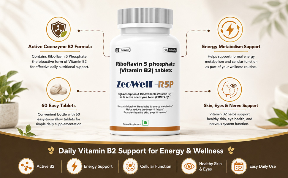 R5P (LeeWell) Active Vitamin B2, Riboflavin-5-Phosphate Tablets | Bioavailable Vitamin B2 Supplement | Supports Cellular Energy, Healthy Skin, Eyes & Nervous System - 60 Tablets