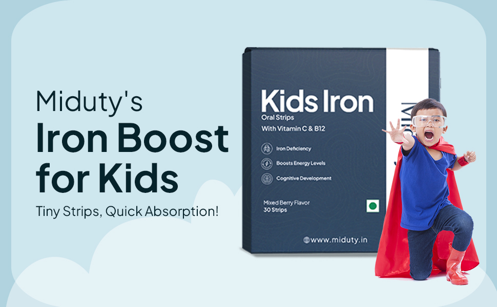 Miduty Kids Iron Strips - Iron, Vitamin C & Vitamin B12 - Supports Growth, Immunity & Hemoglobin Production - Sugar-Free - Natural Mixed Berry Flavor - 30 Strips