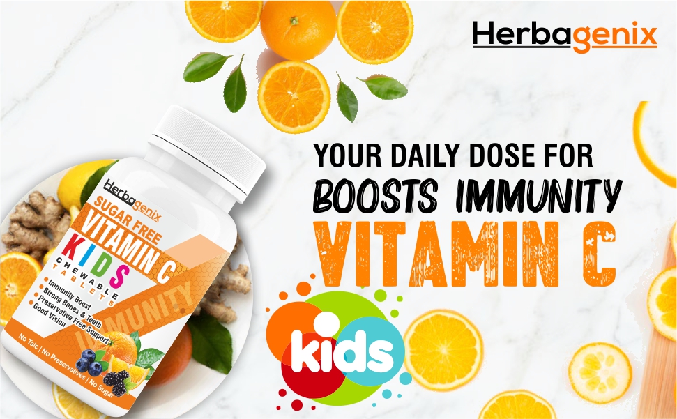 Vitamin C Tablet For Kids With Amla, Bioflavonoids, Acai Berries, Ginger Powder & Zinc Supplements, Immunity Booster, Growth, Strong Bones, Teeth, Non Sticky Chewable Tablets – 60