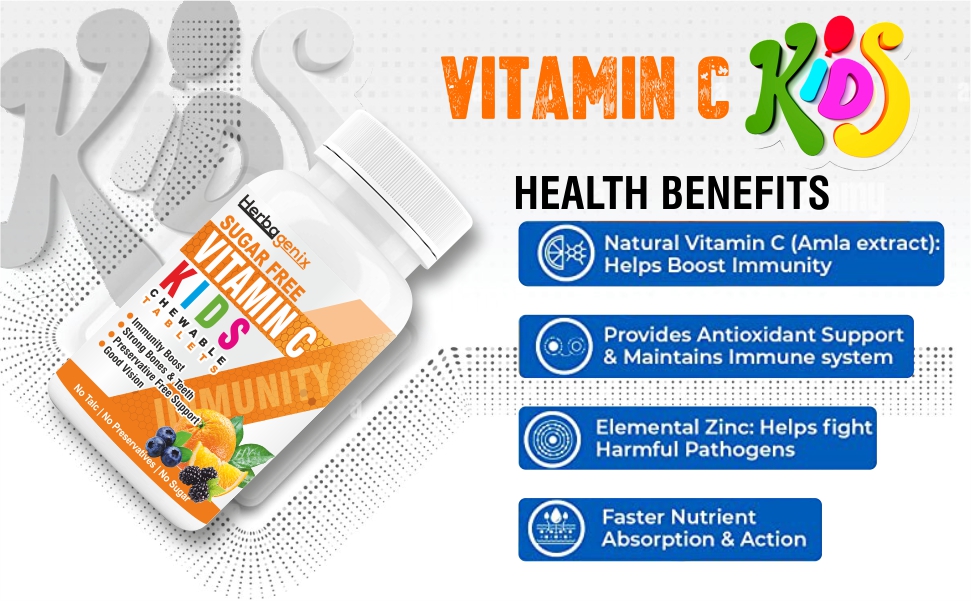 Vitamin C Tablet For Kids With Amla, Bioflavonoids, Acai Berries, Ginger Powder & Zinc Supplements, Immunity Booster, Growth, Strong Bones, Teeth, Non Sticky Chewable Tablets – 60