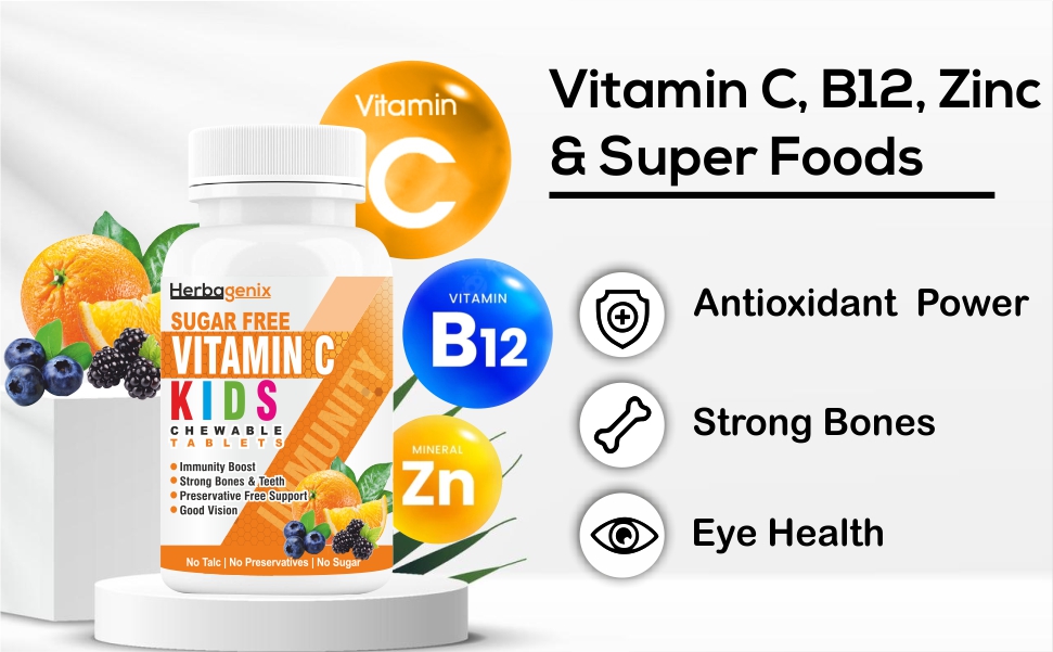 Vitamin C Tablet For Kids With Amla, Bioflavonoids, Acai Berries, Ginger Powder & Zinc Supplements, Immunity Booster, Growth, Strong Bones, Teeth, Non Sticky Chewable Tablets – 60