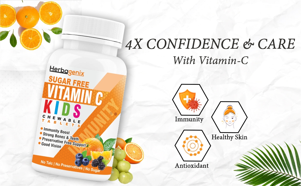 Vitamin C Tablet For Kids With Amla, Bioflavonoids, Acai Berries, Ginger Powder & Zinc Supplements, Immunity Booster, Growth, Strong Bones, Teeth, Non Sticky Chewable Tablets – 60