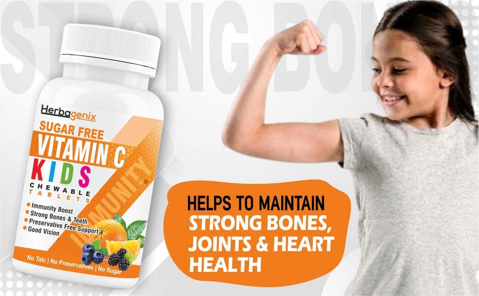 Vitamin C Tablet For Kids With Amla, Bioflavonoids, Acai Berries, Ginger Powder & Zinc Supplements, Immunity Booster, Growth, Strong Bones, Teeth, Non Sticky Chewable Tablets – 60