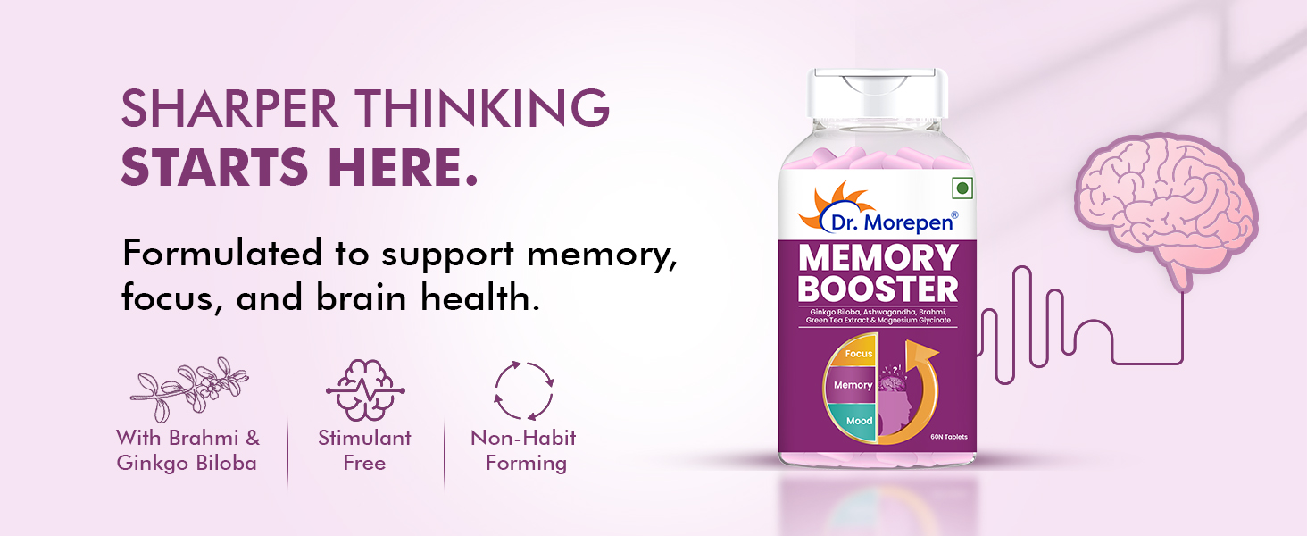 DR. MOREPEN Memory, Focus & Mood Tablets Enriched With GABA, Ashwagandha, Chamomile & Brahmi-Vitamins B1, B2, B3, Magnesium | Safe For Brain Health, Non-GMO & Preservatives Free-60 Tablets