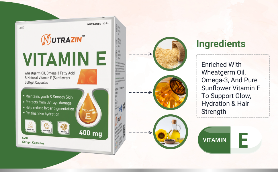 Vitamin E 400 mg Capsules with Wheatgerm Oil & Omega 3 | Vitamin E Capsules for Face and Hair | Antioxidant Support | 50 Softgels