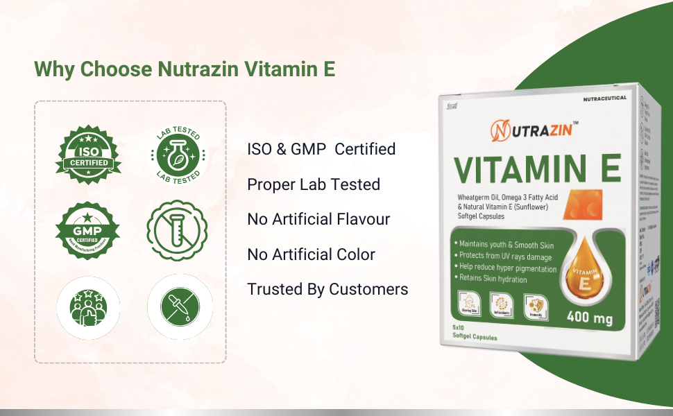 Vitamin E 400 mg Capsules with Wheatgerm Oil & Omega 3 | Vitamin E Capsules for Face and Hair | Antioxidant Support | 50 Softgels