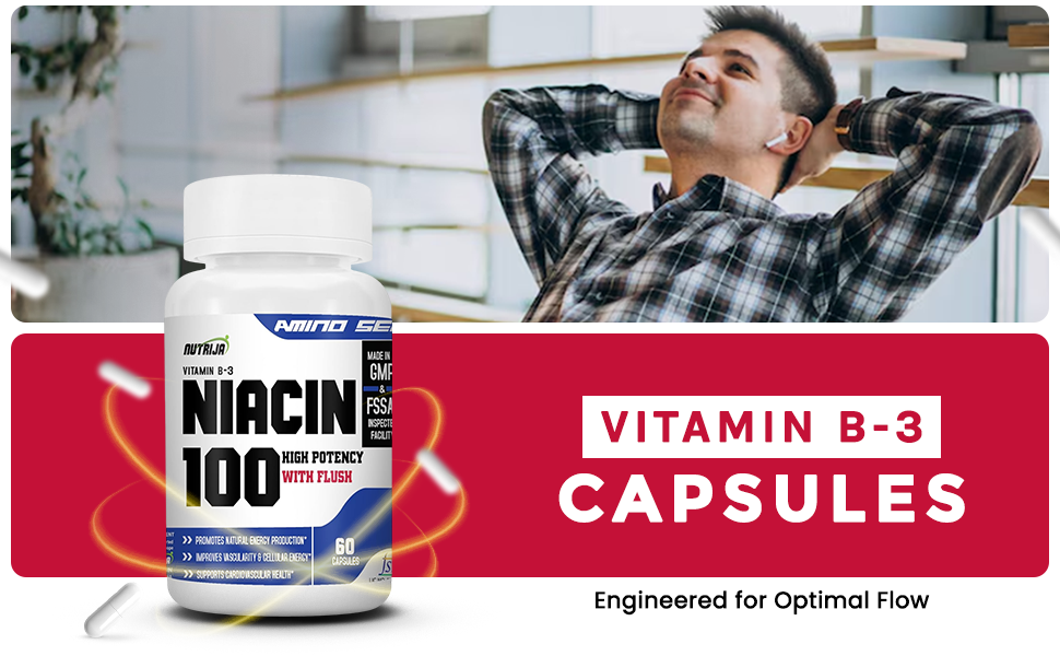 NutriJa Niacin 100 Vitamin B-3 (Nicotinic Acid) | for Vascularity & Increase Cellular Energy- 60 Capsules