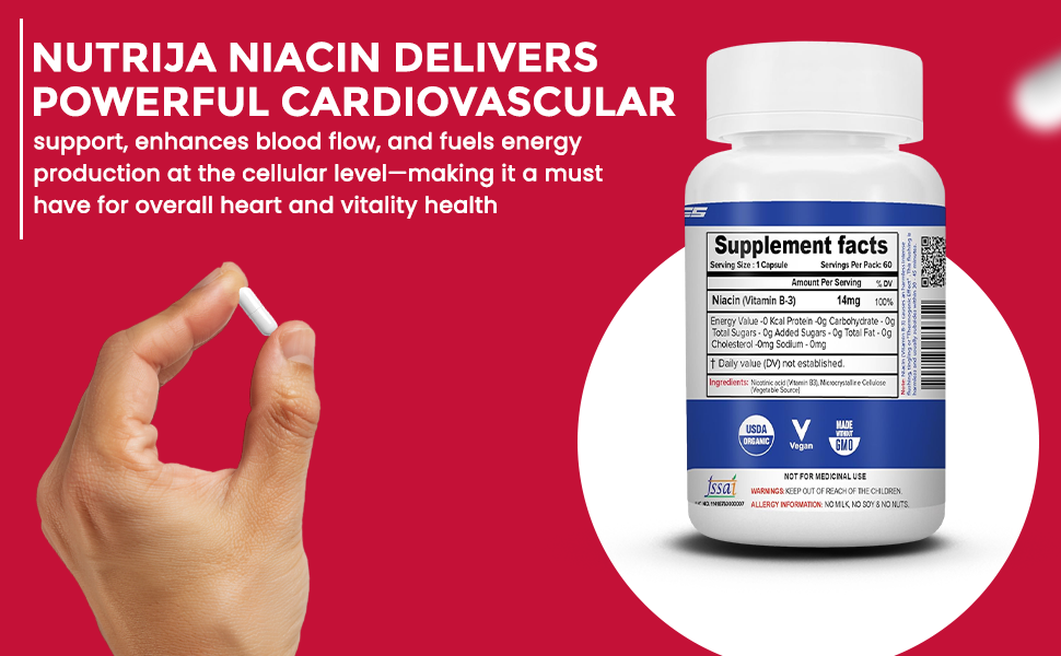NutriJa Niacin 100 Vitamin B-3 (Nicotinic Acid) | for Vascularity & Increase Cellular Energy- 60 Capsules