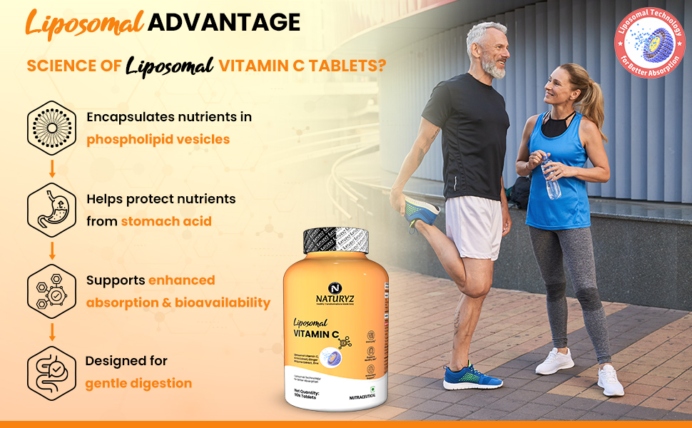 NATURYZ Liposomal Natural Vitamin C 1000mg Tablets with Amla, Zinc & Ginger | Advanced Liposomal Technology for Enhanced Nutrient Delivery & Superior Absorption | Supports Immunity, Collagen Formation, Skin Health & Antioxidant Protection | Daily Wellness Supplement for Men & Women - 90 Tablets
