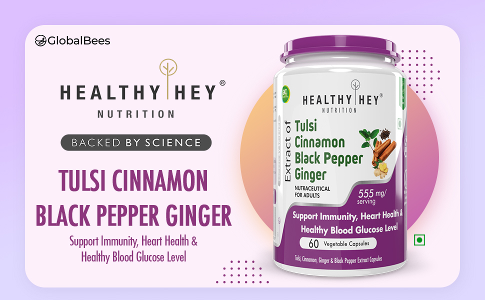 HealthyHey Nutrition Tulsi, Cinnamon, Black Pepper & Ginger Extract Formula for Immunity - 60 Veg Capsules