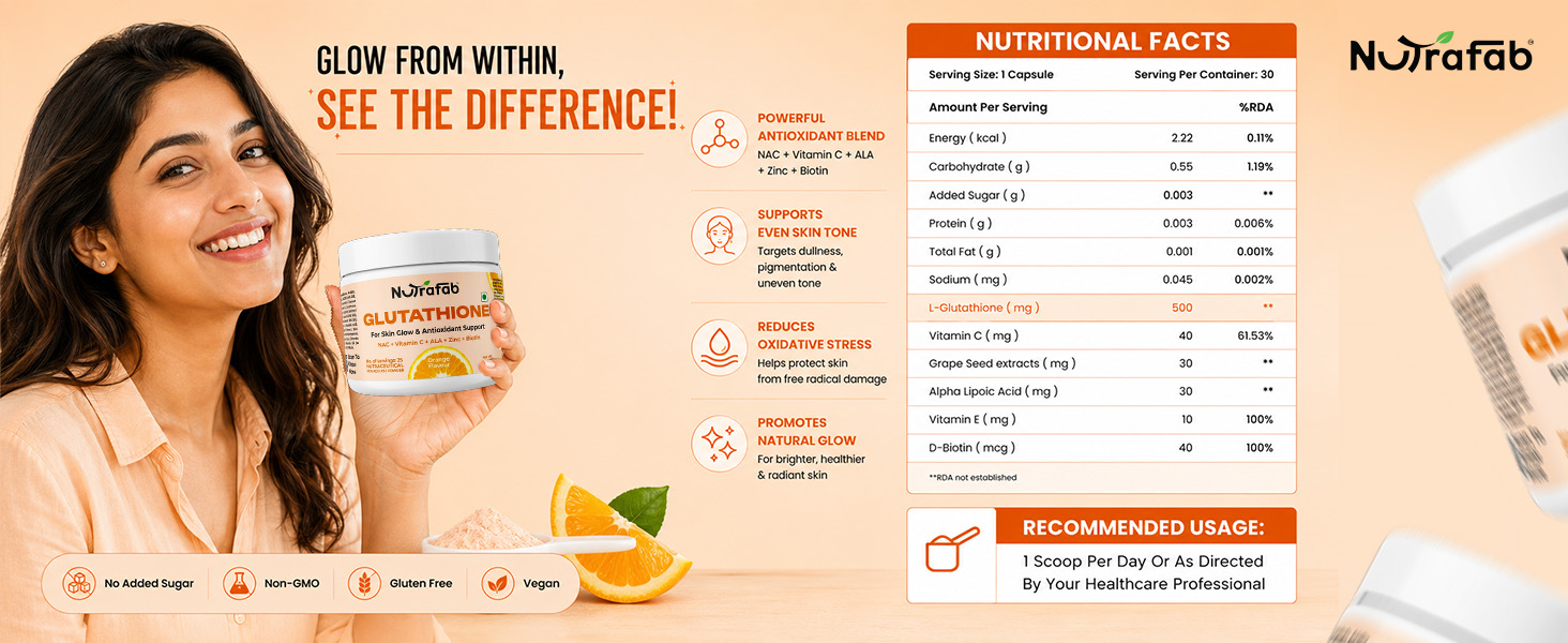 Glutathione Supplements Powder | High Absorption for Skin Glow, Anti-Aging, Even Skin Tone & Antioxidant Support | glutathione Powder with Vitamin C, ALA, Zinc & Biotin | Orange | 100g