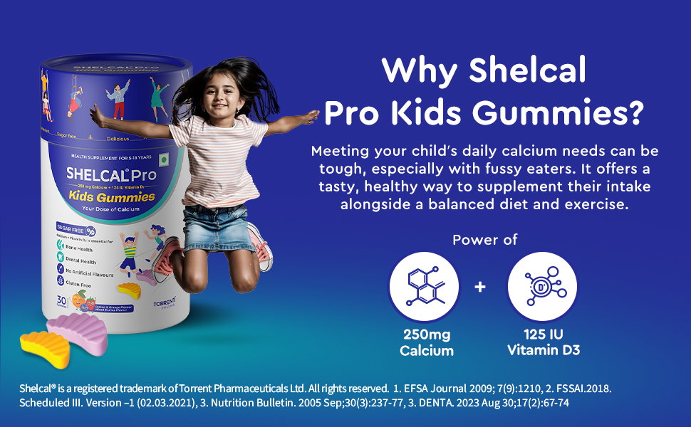 Shelcal Pro Kids Sugar Free Calcium Gummies | Calcium and Vit D3 essential for Bone & Dental Health | Lemon-Orange & Mixed Berries Flavors (30 Gummies) - By Torrent Pharma