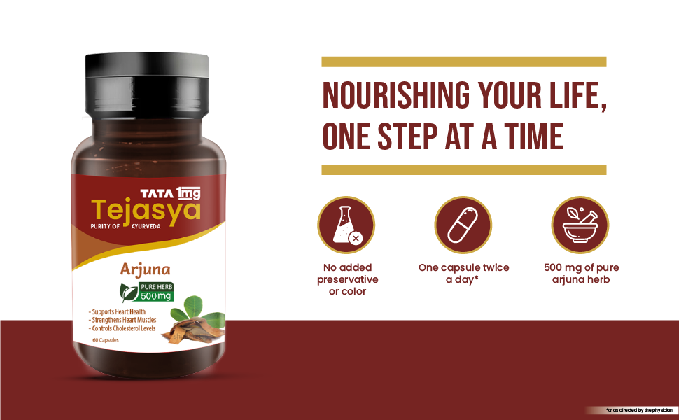 Tata 1mg Tejasya Arjuna Capsule 500mg, Supports Heart Health, Pack of 60 capsules