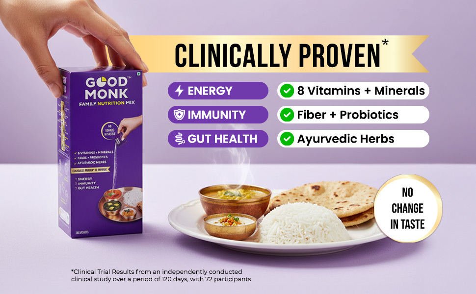 Good Monk Multivitamin,Probiotic&Fibre Mix(Add To Food,No Taste Change). Improves Energy,Immunity&Gut Health With Vitamin B12,C,D,Iron,Zinc,1.3 Bn Probiotics|For Kids,Men&Women-15 Sachets
