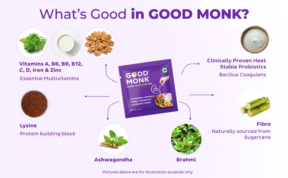 Good Monk Multivitamin,Probiotic&Fibre Mix(Add To Food,No Taste Change). Improves Energy,Immunity&Gut Health With Vitamin B12,C,D,Iron,Zinc,1.3 Bn Probiotics|For Kids,Men&Women-15 Sachets