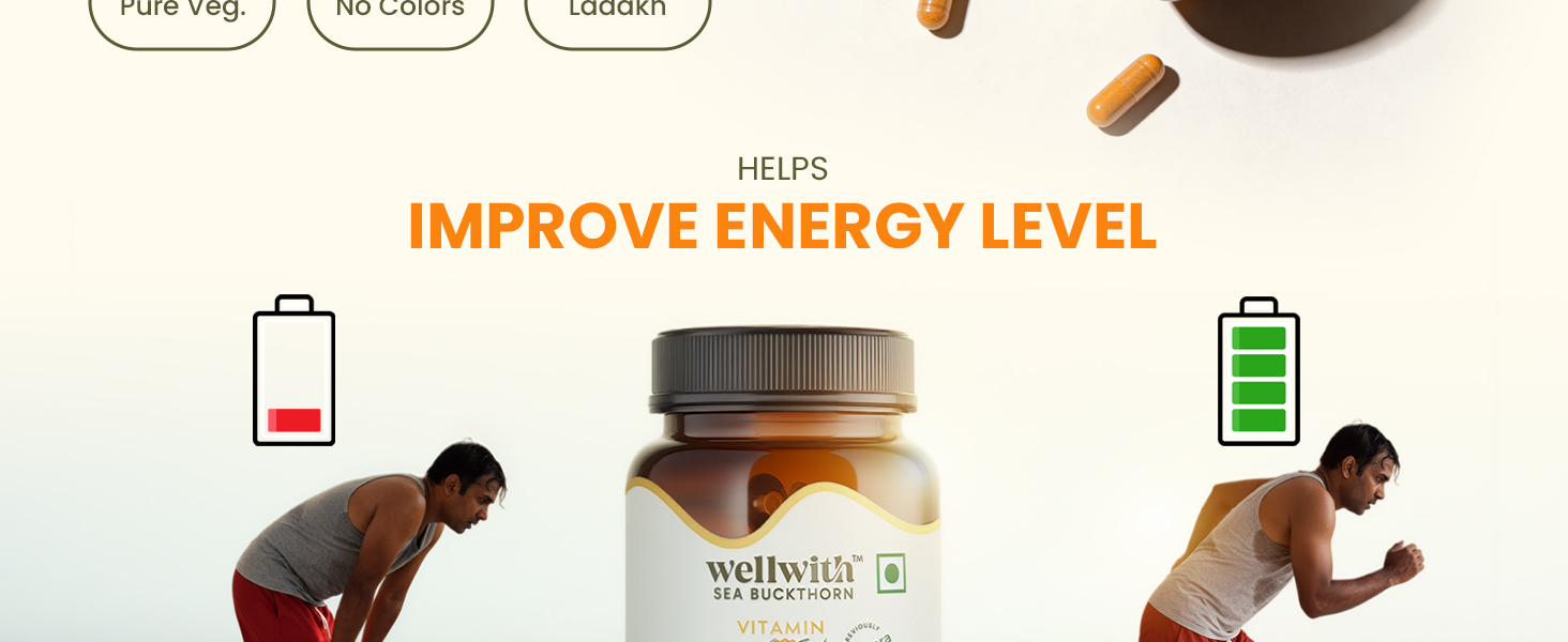 Wellwith Sea buckthorn Berry Powder Capsules – 60 Vegan Caps |Sea buckthorn capsules rich in Natural Vitamin C for Skin Glow & Collagen Boost | Pack of 1