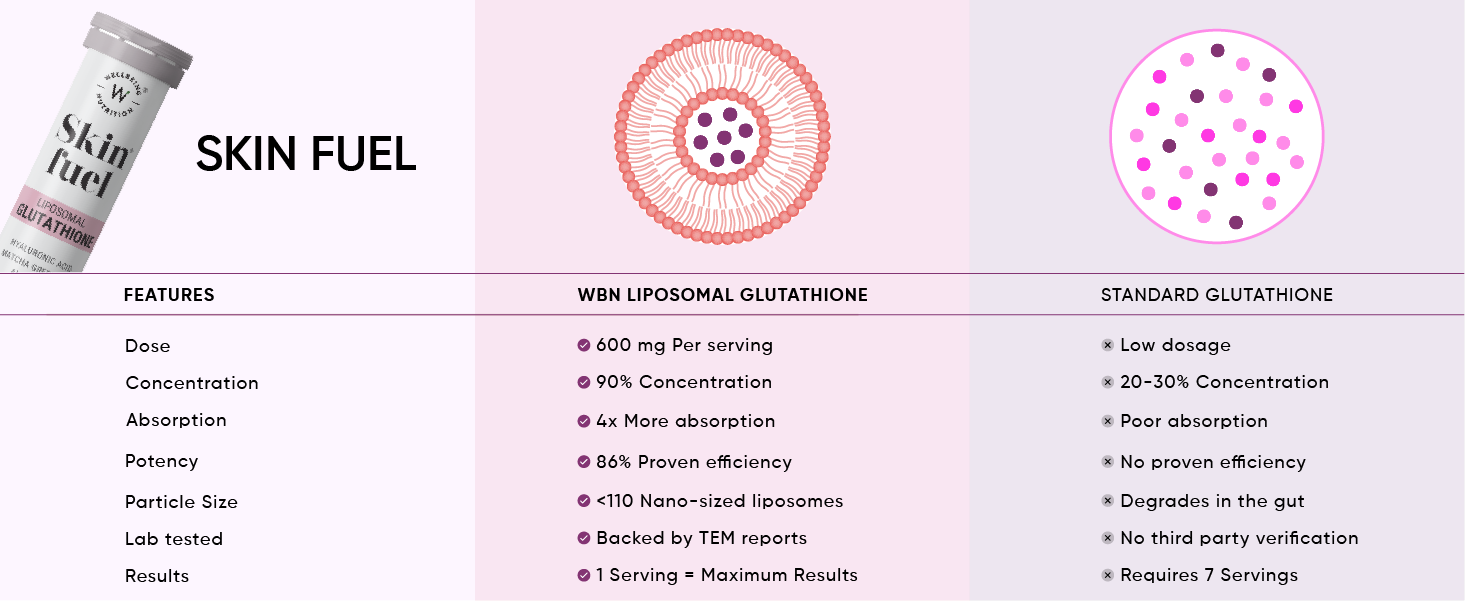 Wellbeing Nutrition Skin Fuel Liposomal Glutathione 90% (600mg)|Hyaluronic Acid, Vitamin C & E | 4X Absorption |Skin Radiance, Anti-Pigmentation & Hydration | Blueberry Mint Flavour | 15 Veg Tablets