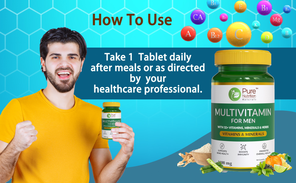 Pure Nutrition Multivitamin for Men 1400mg | Multivitamin Tablet for Men with 32+ Vitamins, Minerals & Herbs | Biotin, Ginseng, Moringa & Green Tea | Supports Immunity, Energy & Bone Health - 60 Veg Tablets