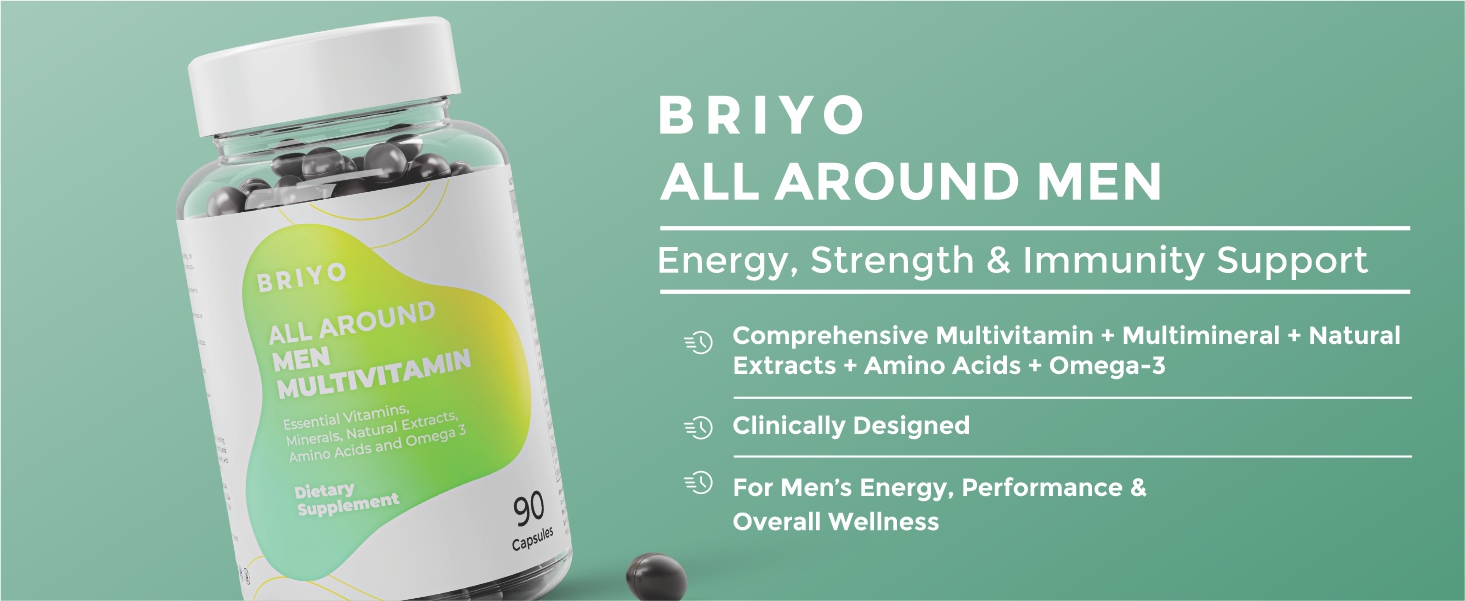 Briyo Men’s Multivitamin All Around Men Multivitamin- 38 nutrients in 1 conveniently sized capsule (Vitamins, Minerals, Natural extracts, Amino acids & more) Overall Health and Immune Support